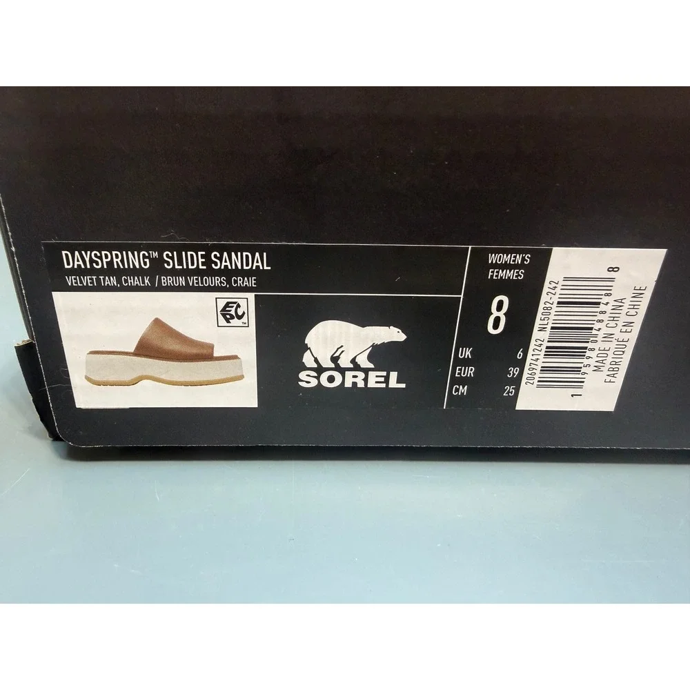 Sorel Dayspring Slide Sandal‎ Velvet Tan Chalk Leather Platform Mules Womens 8